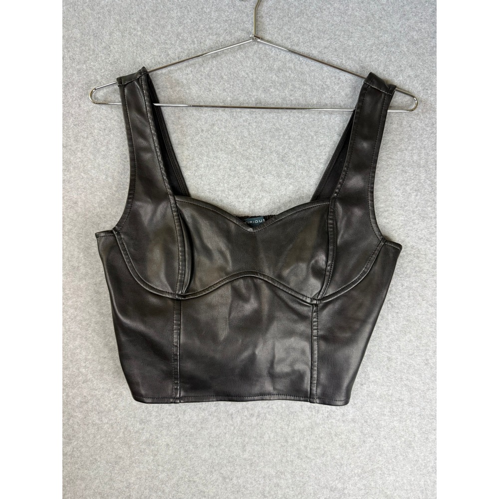 Kurious Black Faux Leather Bustier Crop Top Smocked Back Sweetheart Neck Small